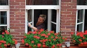 Haushaltshilfe putzt Altbau-Fenster mit Blumenkästen - Putzhilfe Hamburg